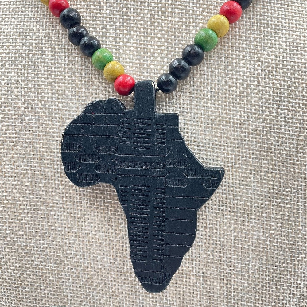 Vintage African Map Pendant Wood Bead Necklace Pan-African Rasta Multicolor
